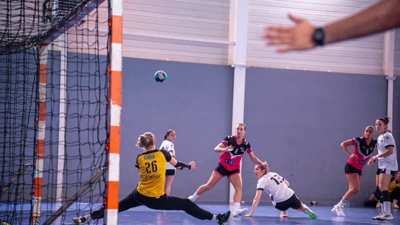 Dynamic action shot of a women's handball match with players in mid-movement.